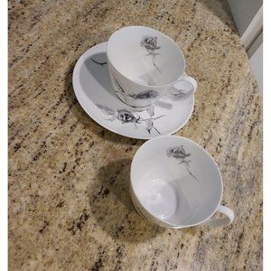 Rosenthal Continental China Jet Rose 2 Tea Cups & 1 Saucer Raymond Loewy Chips!